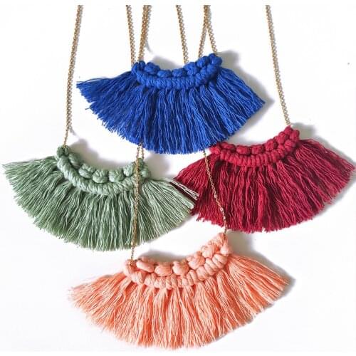 Macrame Hand-Woven Tassel Necklace Cotton Bohemian Sweater Chain Simple Fashion Stainless Steel Chain Cross-Border Boho Jewelry