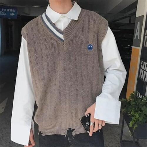 Harajuku Men Sweater Vest Fashion V-neck Pullover Male Solid Loose Sleeveless Knitted Tops Casual Wild Knitwear 2021 Autumn