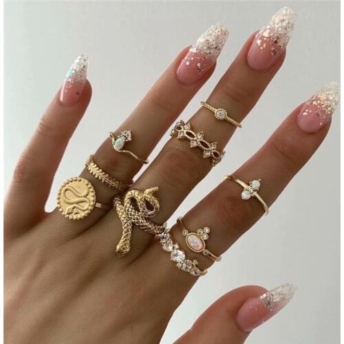 New Fashion 9pcs/set Minimalist Opal Rings for Women Steampunk Coin Snake Ring Set Wholesale