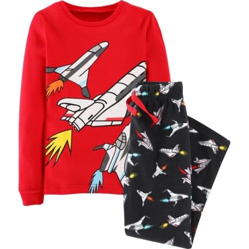 New Spring Autumn Kids O-neck Brand Red Space Shuttle Printed Cotton Knitted Boys Pant Casual Full-sleeved Sets Pajama