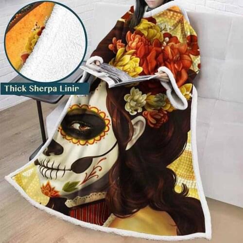 Lannidaa 3D Printed Floral Skull Bride Wearable Blanket For Adults Winter Office Nap Throw Fashion Bed Soft Warm TV Blankets