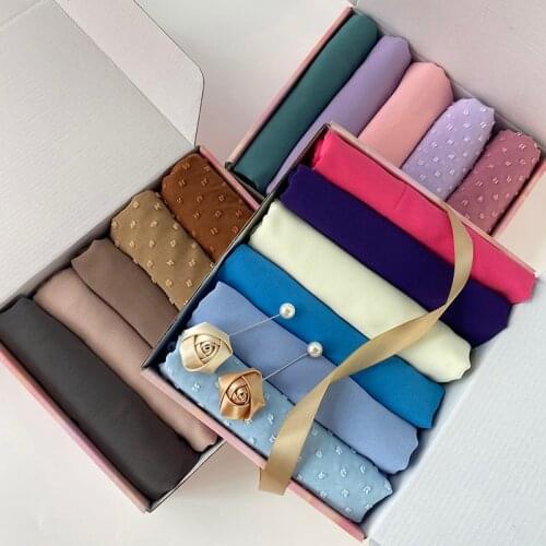 Luxury Custom Hijab Box For Women Pom Bubble Chiffon Hijab Scarf Muslim Shawl Plain Soft Turban Head Wraps Headband Foulard