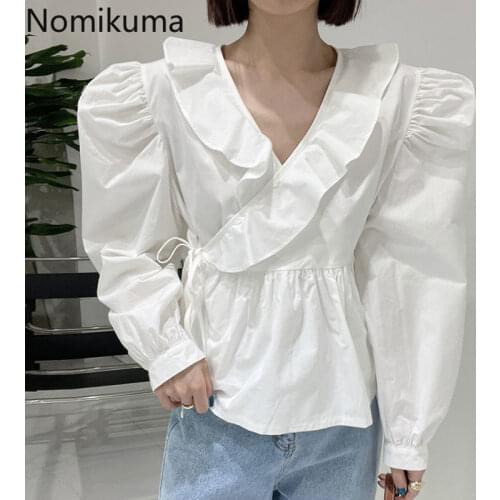 Nomikuma Korean Style Ruffles Patchwork V Neck Shirts Slim Waist All-match Puff Sleeve Blouse Solid Color Casual Sweet Blusas