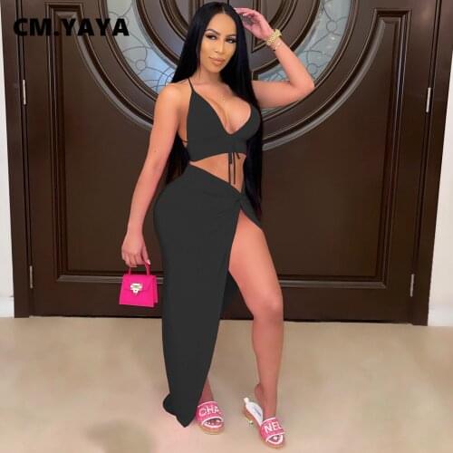 CM.YAYA Beach Sexy Womens Set Club Party Crop Tops and High Split Maxi Skirts Matching Two 2 Piece Set Active Outfits Tracksuit