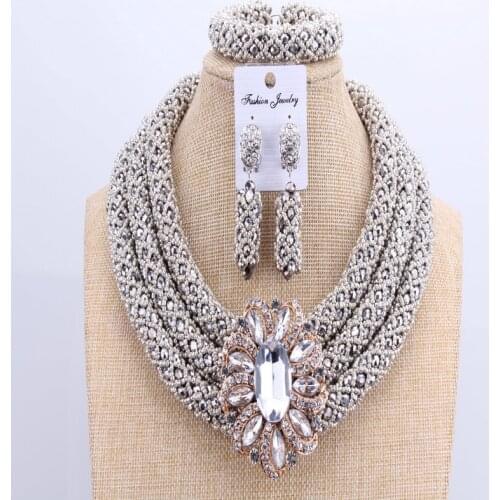 3 Layers African jewelry sets Wedding Silver Crystal Beads Jewelry Sets Elegant Nigerian Wedding Necklace Jewelry Set Brand New