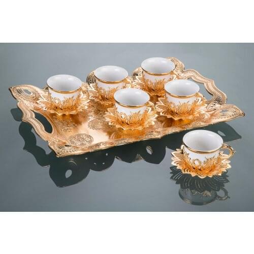 Turkish Handmade Serving Set with Tray Arabic Coffee Mugs Golden Coffee Cups and Saucers Serving Set Ceramic Silver Coffee Mugs