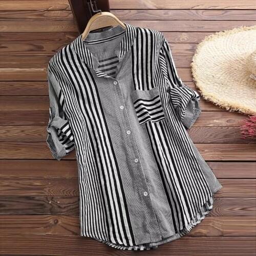 Stripe Womens Blouses Summer Shitte Button Long Sleeve Blouse Lady Tops Loose Checked Female Clothing Outwear Coat Plus Size