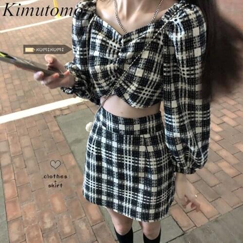 Kimutomo Spring Autumn High Street Light Mature Style Sets Elegant Ladies Long-Sleeved Cropped Short Tops Plaid Skirt Two-Piece