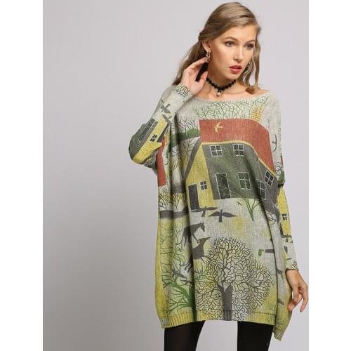 Women Oversized Sweaters Batwing Sleeve Casual Long Runway Sweater Womens Clothing Slash Neck Printing Pullovers and Sweaters