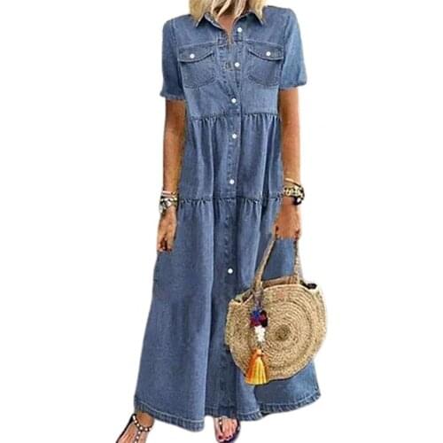 Women Denim Dress Short Sleeve Single-breasted Turn Down Collar Pockets Loose Maxi Dress for Office Street wear Summer 2021 xxxl