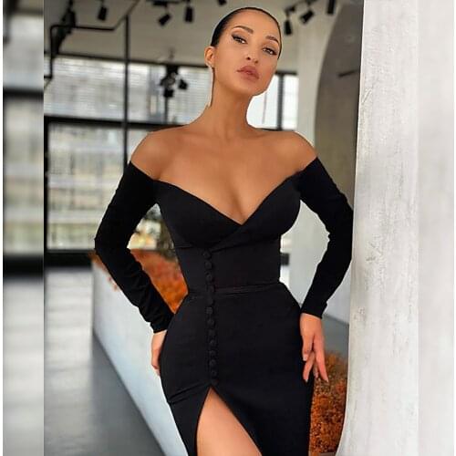 Celebrity Bandage Dress Black Sexy Off Shoulder Long Sleeves Slim Split Mini Dress Elegant Women Fashion Evening Party Dress