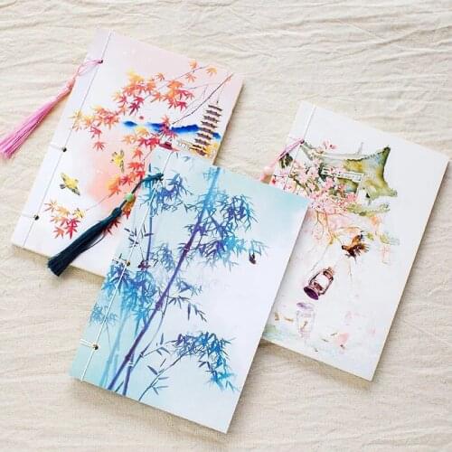 Retro Classical Chinese Style Color Illustration Inner Page line Notebook With Tassel Student Stationery