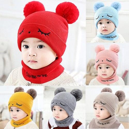 Newborn Kids Baby Cap Boy Girl Two Pompon Hat Winter Warm Knit Crochet Beanie Cap Scarf Childrens Knit Soft Winter Warmer Hat