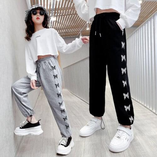 Kids Pants Butterfly Print For Girls Children Clothing New Fashion Loose Streetwear Ankle Elastic High Waist Drawstring Trousers