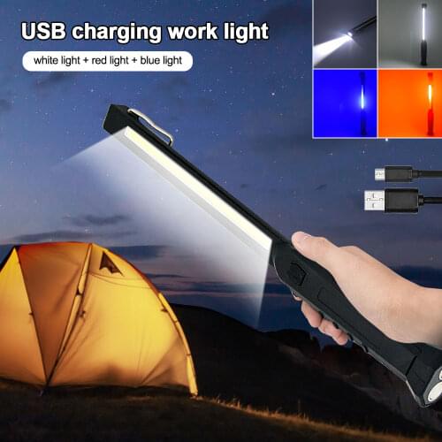 Long Strip USB Rechargeable COB Work Light Red+Blue Flashing Magnetic Inspection Lamp Emergency Camping Light with Hook