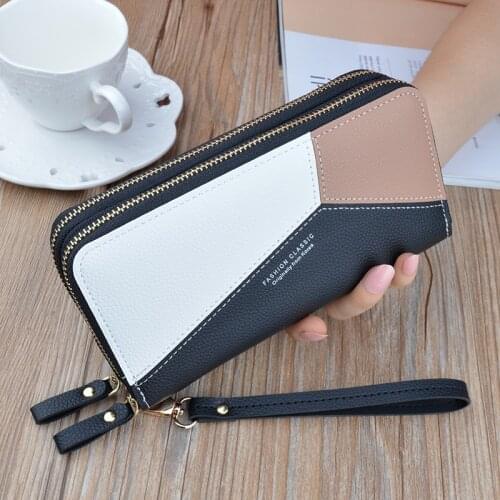 Women Wallet PU Leather Red/blue/pink/black Card Holder Double Zipper Long Female Wallet Color Matching Cellphone Bag Lady 2021