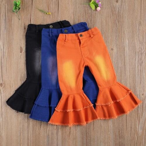 1-6Y Toddler Baby Girl Double Flared Jeans, White Washed Bell-bottom High-waist Denim Pants Spring Fall Outfit