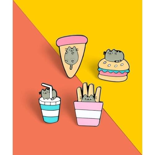 Cartoon Brooch Cat Fries Burger Cola Pizza Enamel Pin Fast Food BadgeBackpack Clothes Lapel Pin Animal Jewelry Gift for Friends