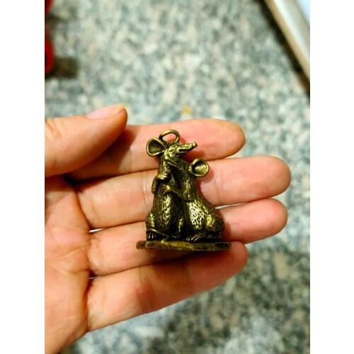CHINA antique brass fengshui Two mice small Statue Metal crafts family decorations Key buckle Necklace pandent
