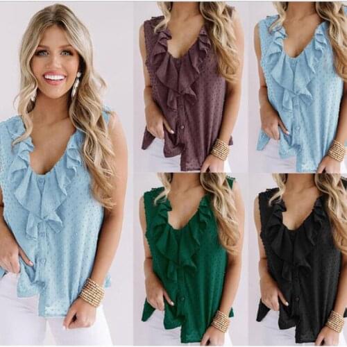 Summer Women T-Shirts Straps Sexy V-Neck Ruffles Sleeveless Solid Color Beach Style Fashion Elegant Casual Female Vestido C2706