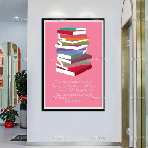 Stacked Books Poster, Dr Suess Quotes Book Stack Wall Art, Bookish Gifts, Inspirational Literary Prints, Home Decor Canvas