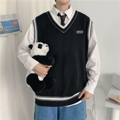 Men Sweater Vest Sleeveless Patchwork V-neck Knitted Lazy Style Japanese Fashion Loose Male Vests Casual Harajuku Shrug Cozy New