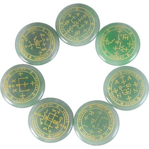 TUMBEELLUWA 1Lot (7pcs) Round Green Aventurine Palm Stone Engraved Magic Archangel Symbol Chakra Healing Crystal Jewelry Set