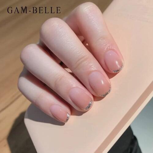 GAM-BELLE 24Pcs False Nails Elegant Nude Gradient Glitter Full Cover Square Artificial Short Press On Nails Manicure Tools