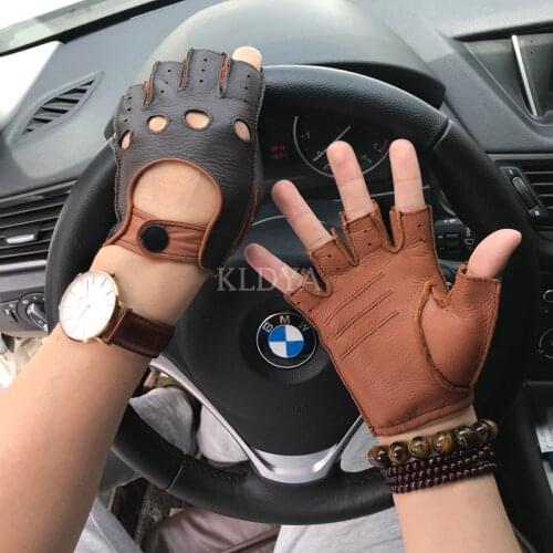 Leather Gloves for Men Fashion Goatskin Fingerless Gloves Half Finger Fitness Non-slip Driving Unlined Fitness Gloves Mittens