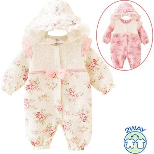 Newborn Girl Thick Floral Romper with Cap Baby Girl Lace 1piece Overall Fall Winter Sleepping Bag Infant Clothes Born 3m 6m Gift