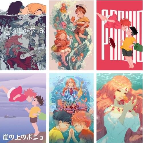 WTQ Retro Poster Ghibli Movie Ponyo on The Cliff Canvas Painting Anime Posters Wall Decor Wall Art Picture Room Decor Home Deco