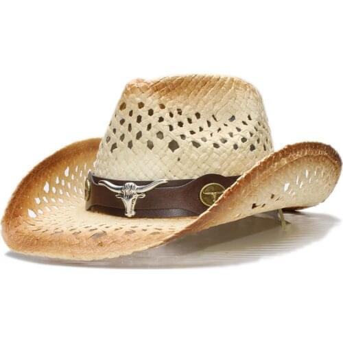 Vintage Retro Womens Mens Raffia Straw Wide Brim Beach Hollow-out Cowboy Cowgirl Western Hat Ox Bull Head Leather Band (58cm)