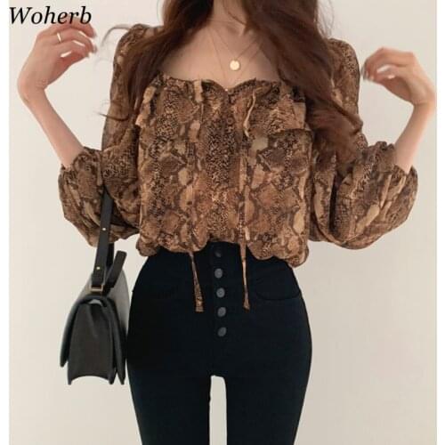 Woherb sexy crop blouse Women Puff Sleeve snake print Elegant Lace Up summer thin blusas shirt 2021 korean Chic Female Shirts