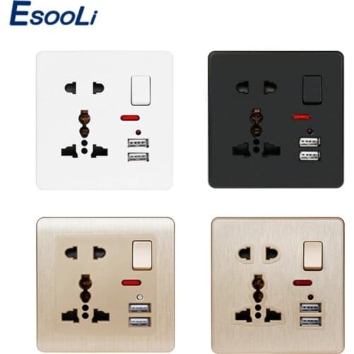 Esooli 13A Universal 5 Hole Switched Outlet 2.1A White/Black/Gold Wall Power Socket Dual USB Charger Port LED indicator