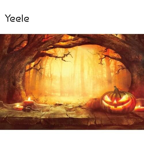 Yeele Halloween Backdrop Pumpkin Dusk Forest Wood Floor Board Baby Portrait Background Photography Photographic For Photo Studio