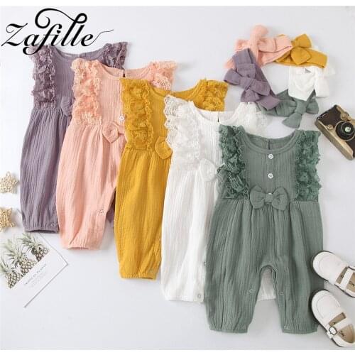 ZAFILLE Baby Girl Clothes For Newborns Lace Bow Solid Girl Baby Bodysuit For Newborns Pajamas Summer Baby Girl Sleepwear