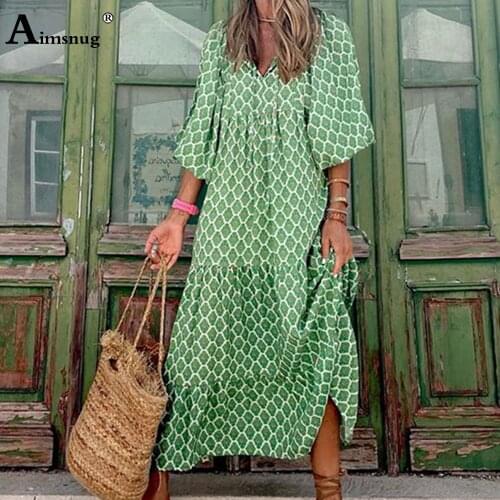 Elegant Fashion Plaid Dress For Women Leisure Three Quarter Sleeve Loose Party Dress New Summer Long Maxi Dresses Femme Clothing