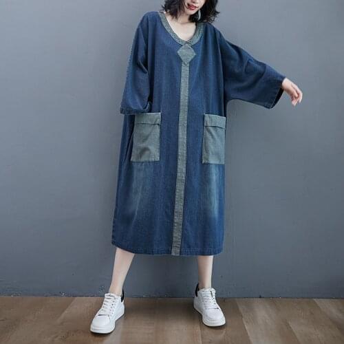#2481 Spring Autumn Long Sleeve Denim Dress Women V Neck Casual Vintage Long Jeans Dress Female Loose Midi Dress Ladies Pockets
