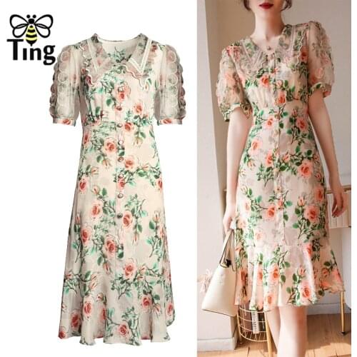 Tingfly Women Casual Floral Summer Dress Turn Down Collar Ruffles Hem Knee Length Dress Button Decor Light Vestidos Robes Zaful