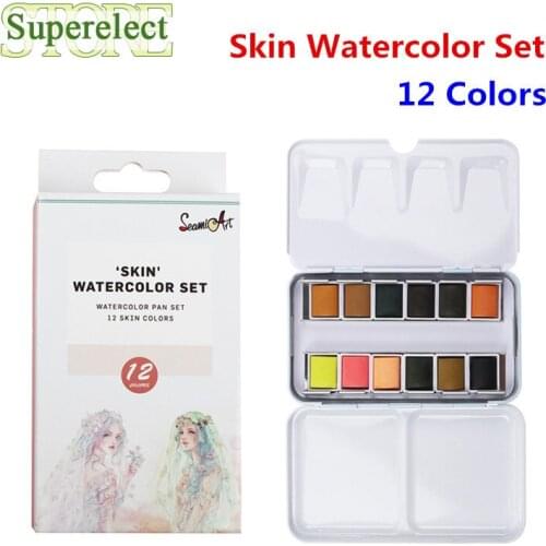 SeamiArt 12Color Tin Box Solid Watercolor Skin Water Color Paint for Cartoon & Portraits Painting Drawing Art Supplies