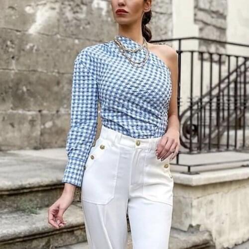 ZXQJ Women Stylish One Shoulder Blue Plaid Shirts 2021Summer Fashion Ladies Vintage Slim Button Tops Y2K Girls Chic Shirt Cute