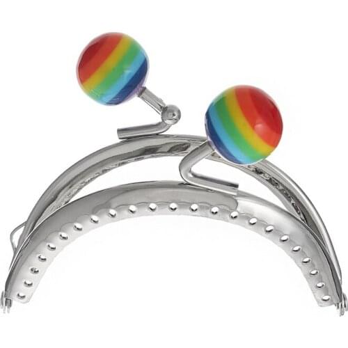 10Pcs Silver Tone Coin Purse Bag Arc Frame Kiss Clasps Clutch Handbag Handle Round Ball Rainbow Color 8.5x7cm