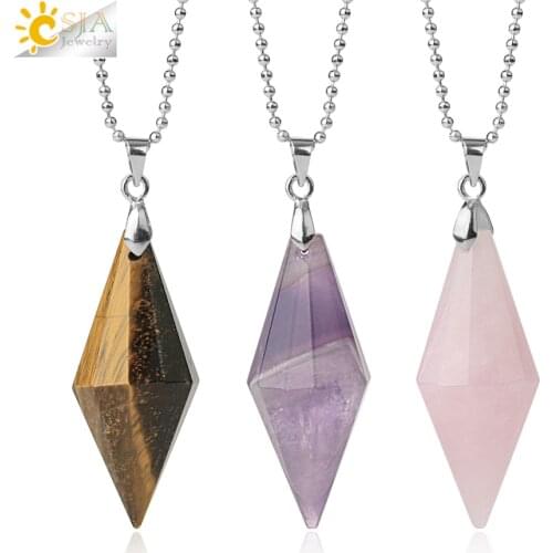 CSJA Symmetry Cone Natural Stones Pendants Necklaces Multi Faceted Pyramid Healing Reiki Pink Quartz Crystal Female Jewelry G421
