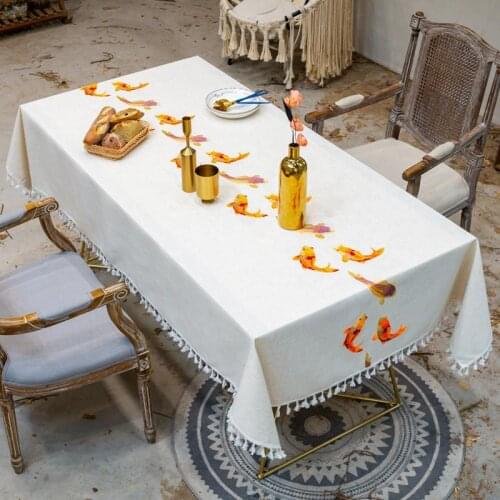 Embroidery Fish Decorative Linen Tablecloth With Tassel Waterproof Oilproof Thicken Rectangular Wedding Dining Tea Table Cloth