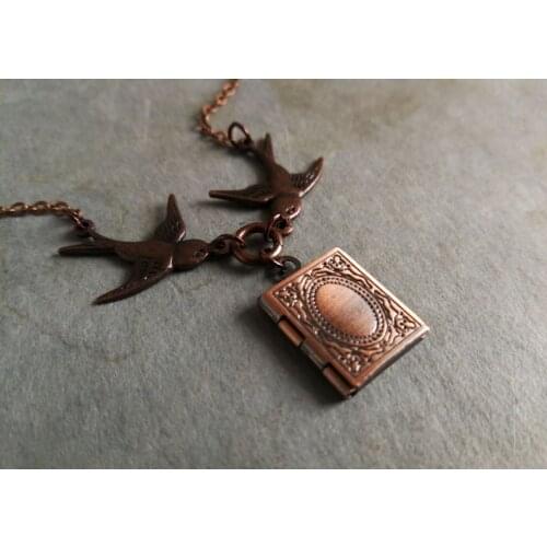 Two Birds Locket Necklace. Book Locket. Copper Locket Necklace. Miniature Book