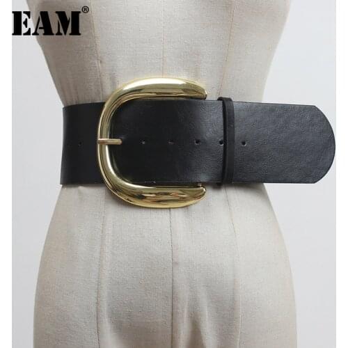 [EAM] Pu Leather Black Big Buckle Split Long Wide Belt Personality Women New Fashion Tide All-match Spring Autumn 2021 1DB291
