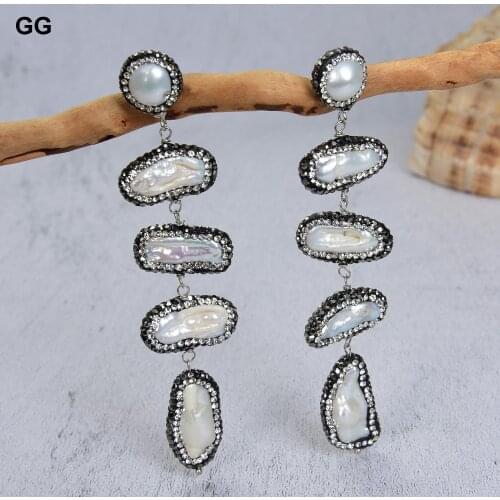GG Jewelry 3.9" White Biwa Pearl Black CZ Earrings