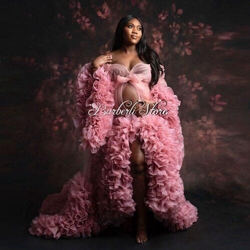 Pretty Pink Tulle Long Maternity Dresses Photography Puff Sleeves Ruffles Tiered Women Dresses Night Gowns Long Robe
