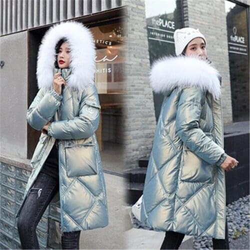 2021 Winter Fashion New Mid-Length Bright Face Fur Collar Hooded Long-Sleeved Waist Thinner Warm Cotton Jacket Female Trend H177
