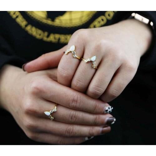 New Design Gold Filled Delicate Rings Tear Drop Opal V Shape with 4 Cz Chevron Women Ladies Stack Diy Fashion Simple Ring Gifts